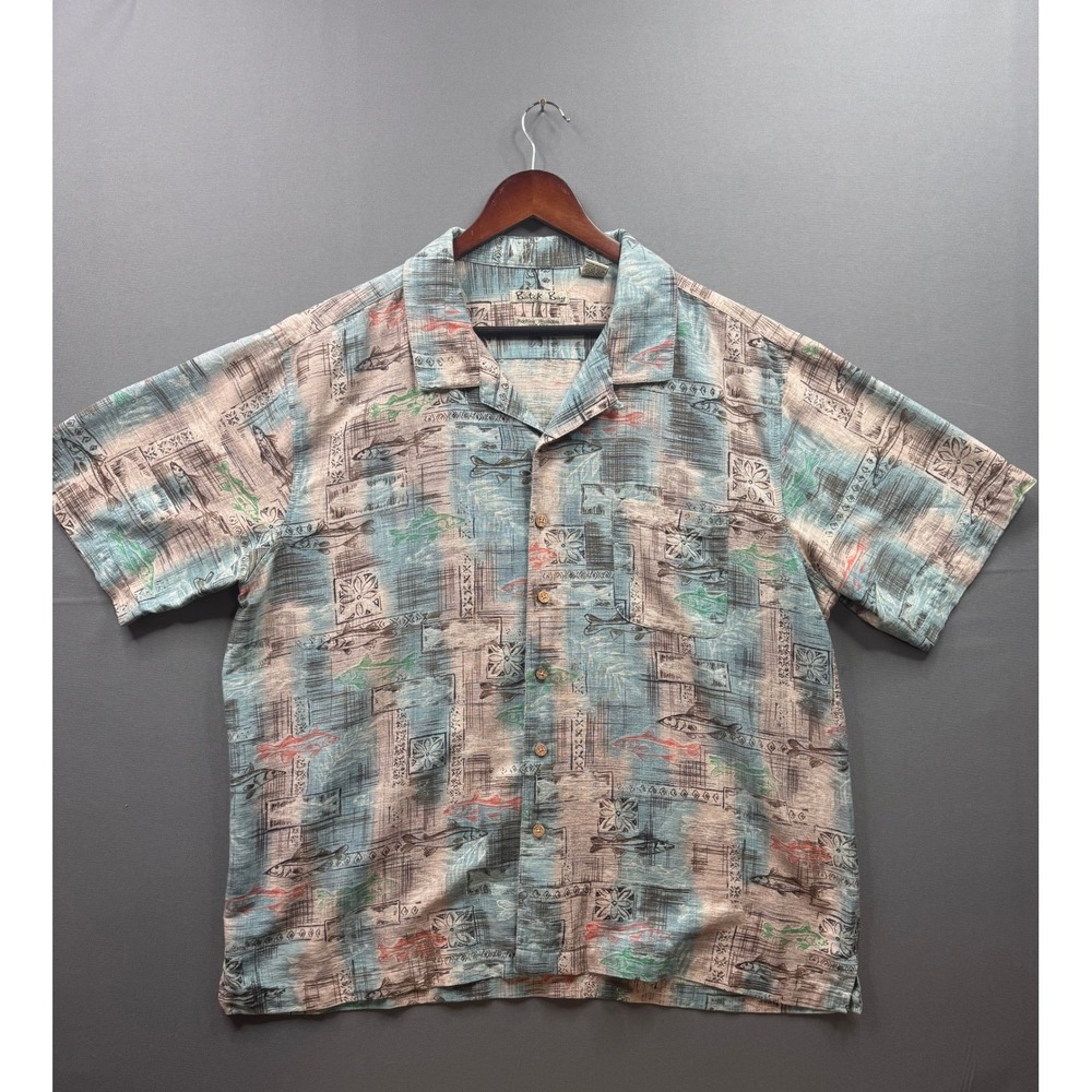Batik Bay Mens XXL 100% Silk Short Sleeve Fish Print Camp Shirt Blue Tan